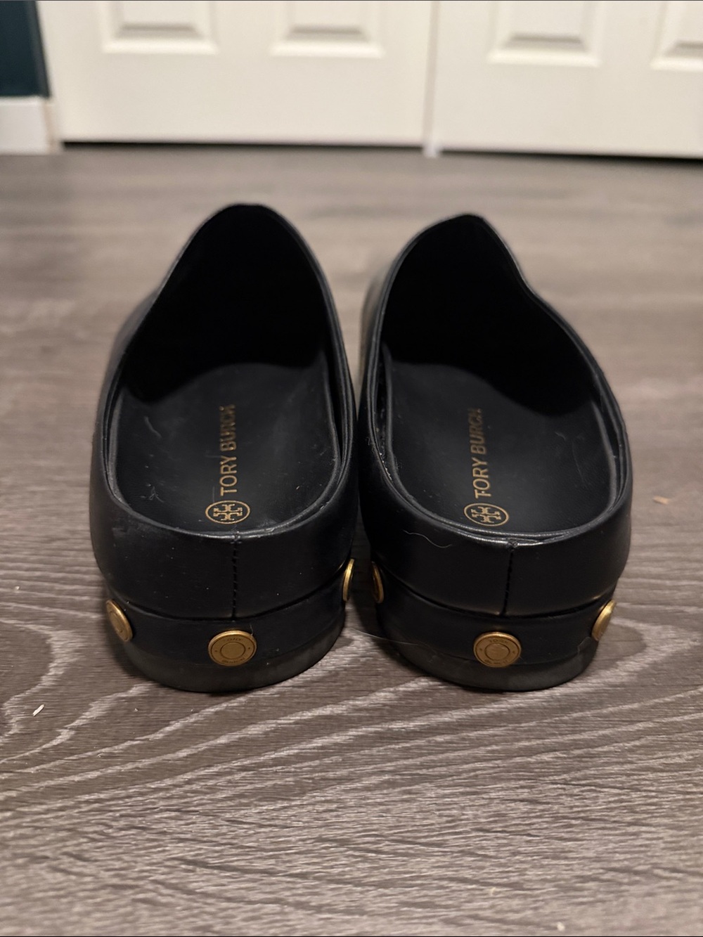 Tory Burch Black Leather Slip-On Mules with Gold Accents - Picture 5 of 8